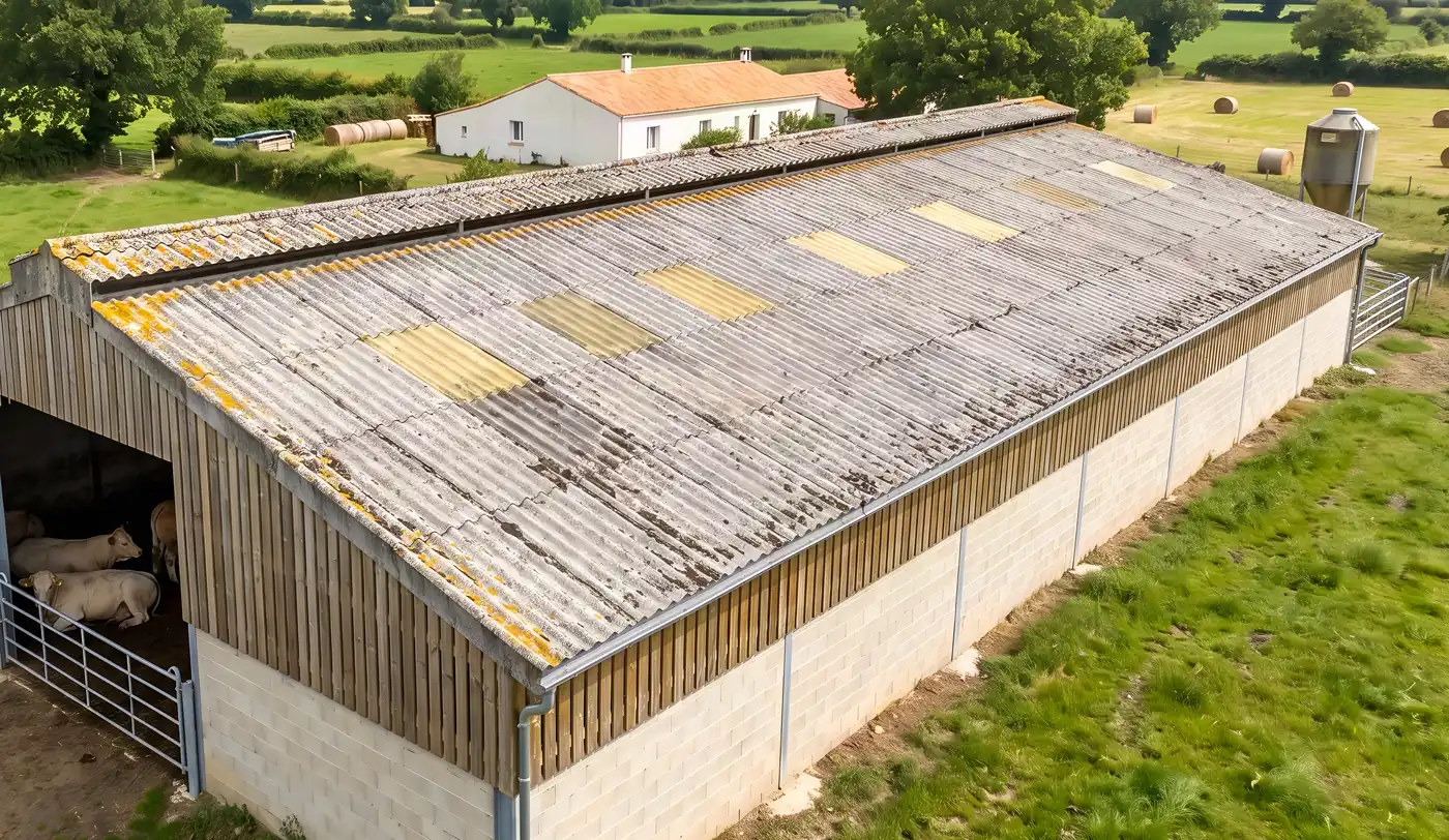 Toiture fibrociment usée d'une stabulation, avant la surtoiture