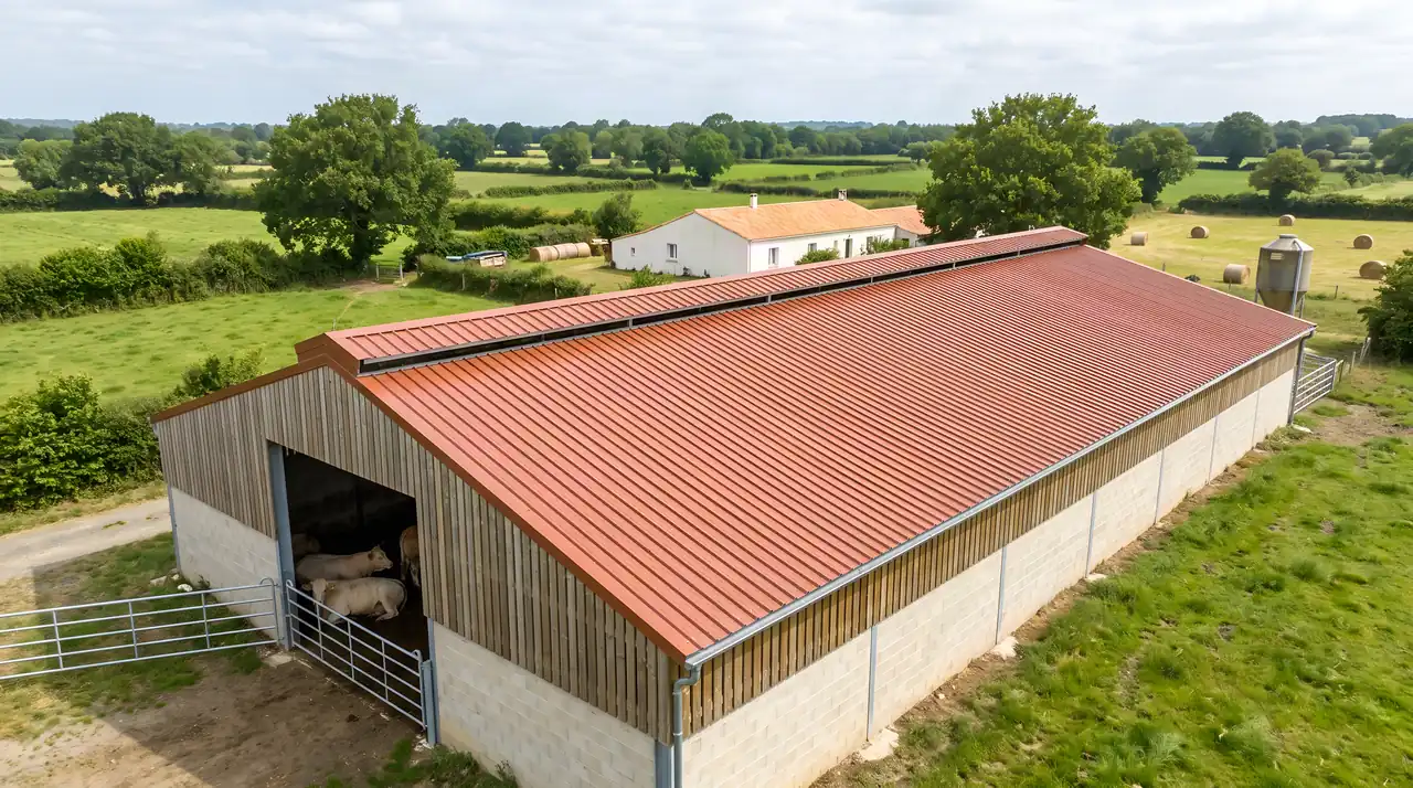 Toiture bac acier neuve d'une stabulation avec faîtage ventilé sur toute la longueur