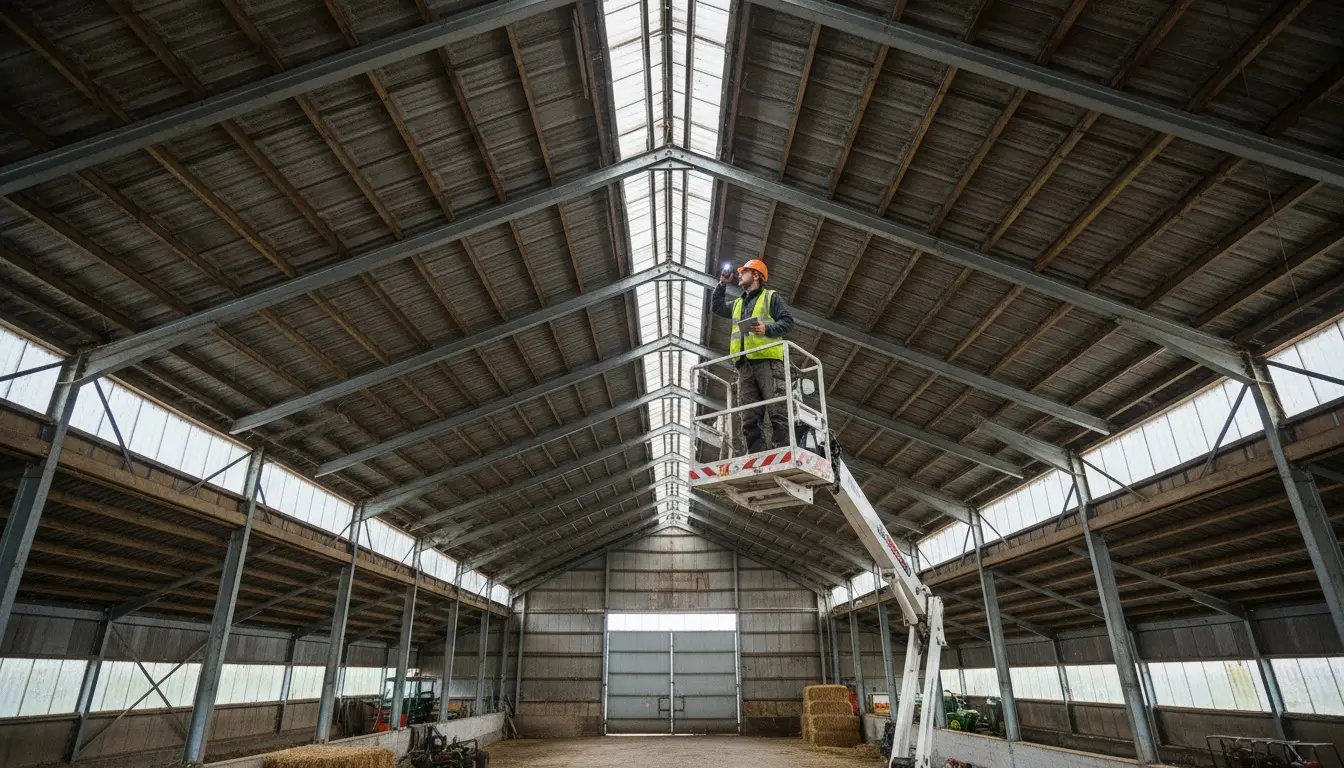 Couvreur sur nacelle contrôlant les pannes d'une charpente de stabulation
