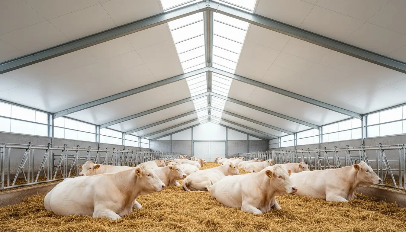 Lumière naturelle qui tombe du faîtage sur des vaches allaitantes couchées dans la paille