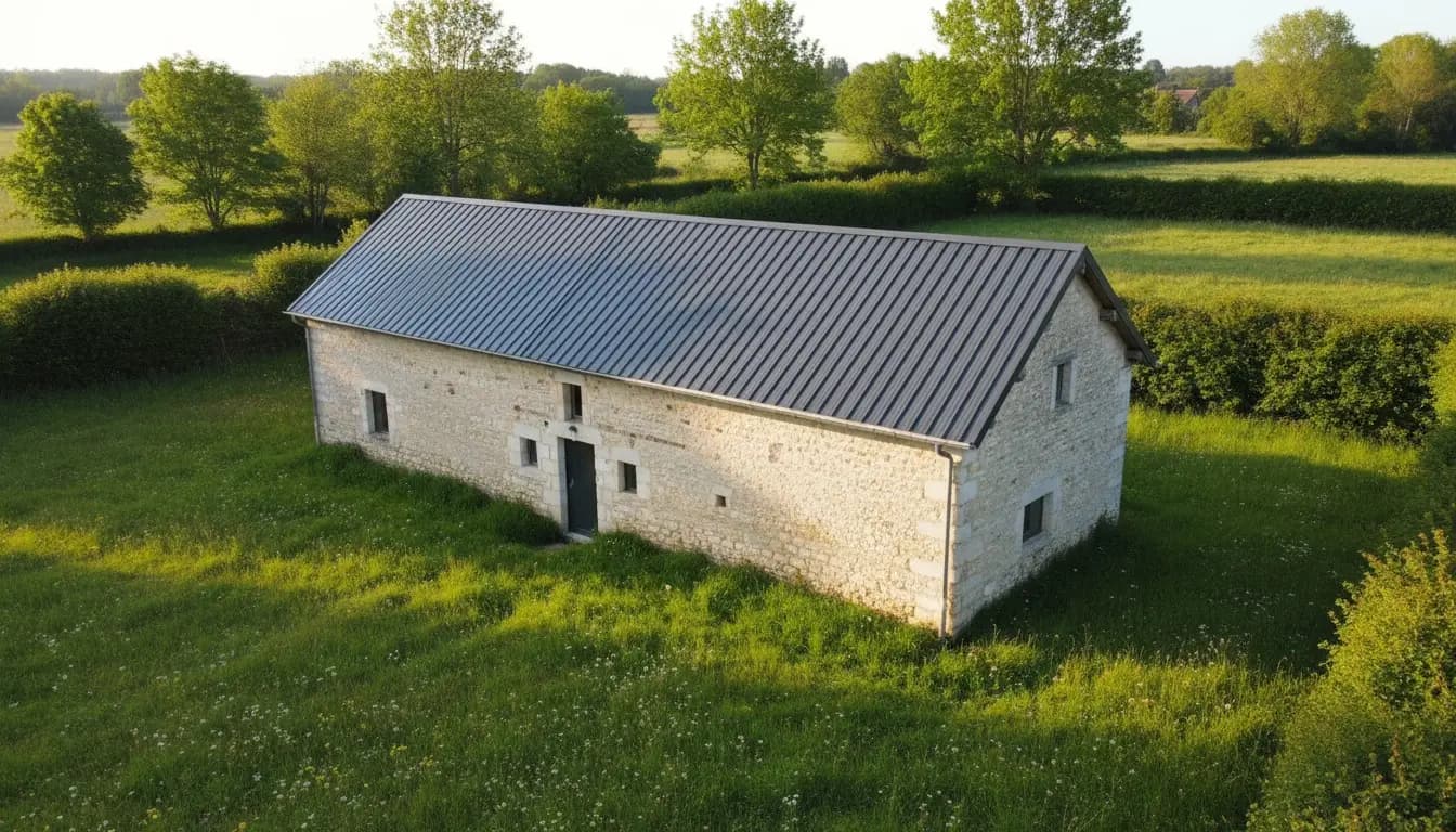 Bâtiment agricole en pierre avec sa couverture bac acier rénovée