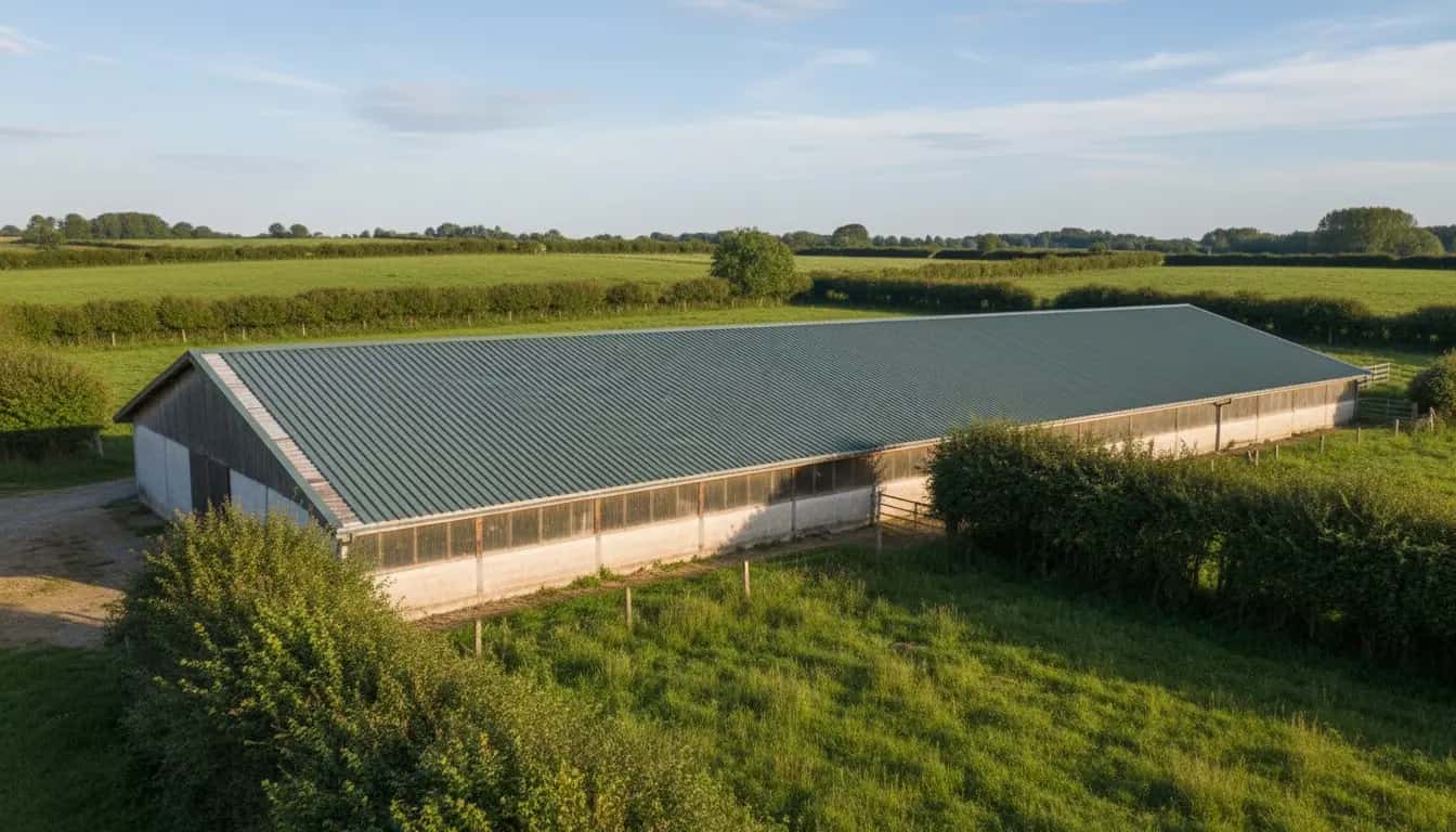 Long bâtiment d'élevage vendéen couvert de bac acier neuf, au milieu du bocage