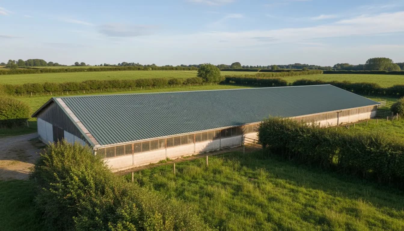 Long bâtiment d'élevage couvert de bac acier neuf posé sur l'ancien fibrociment