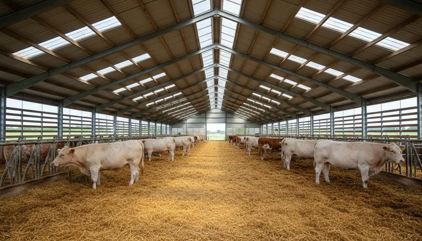 Plaques translucides au profil du bac acier éclairant une stabulation de vaches allaitantes